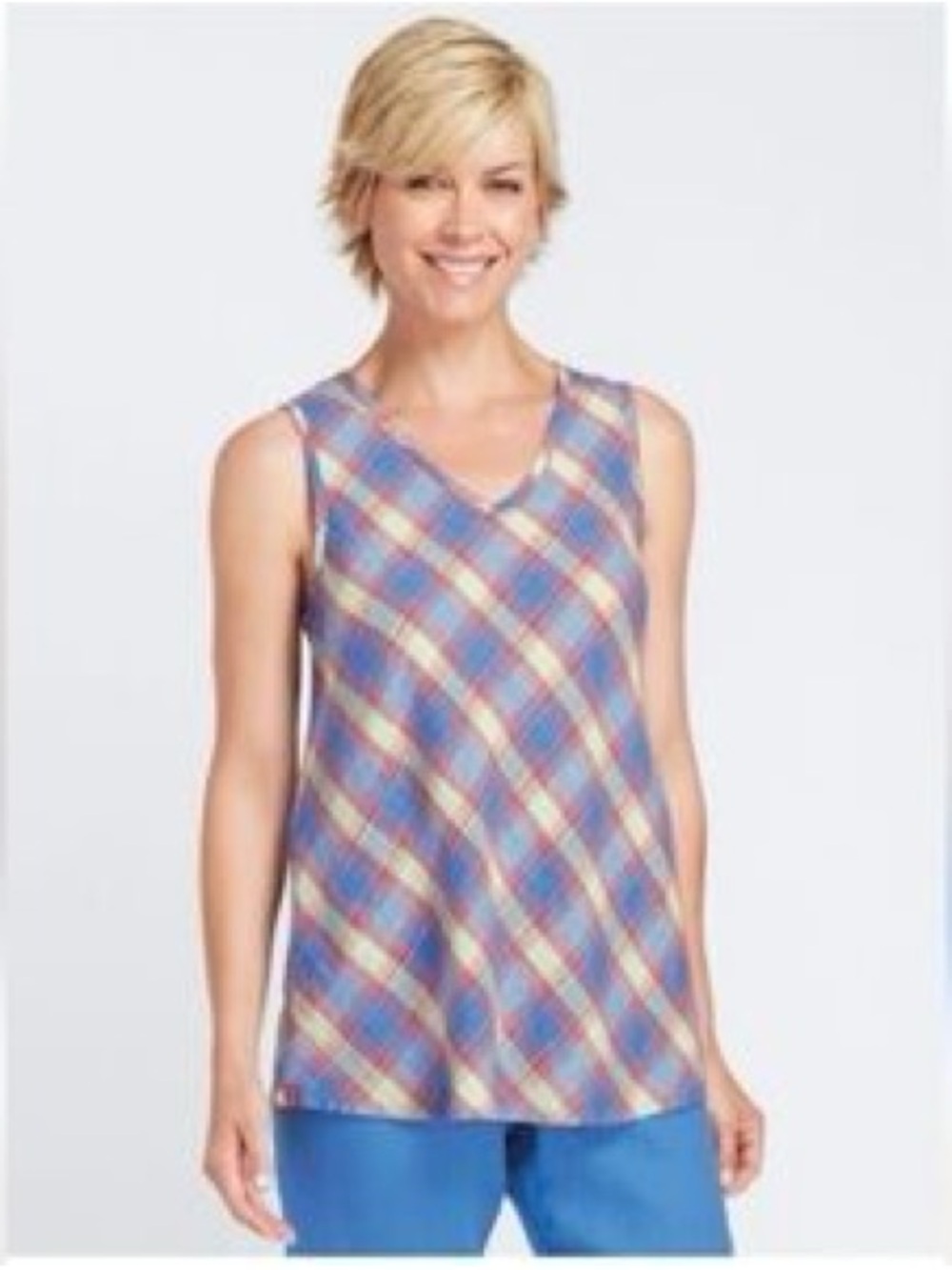 FLAX // 100% Linen Plaid Sleeveless Tunic Tank Top Blue Red Orange - Size L